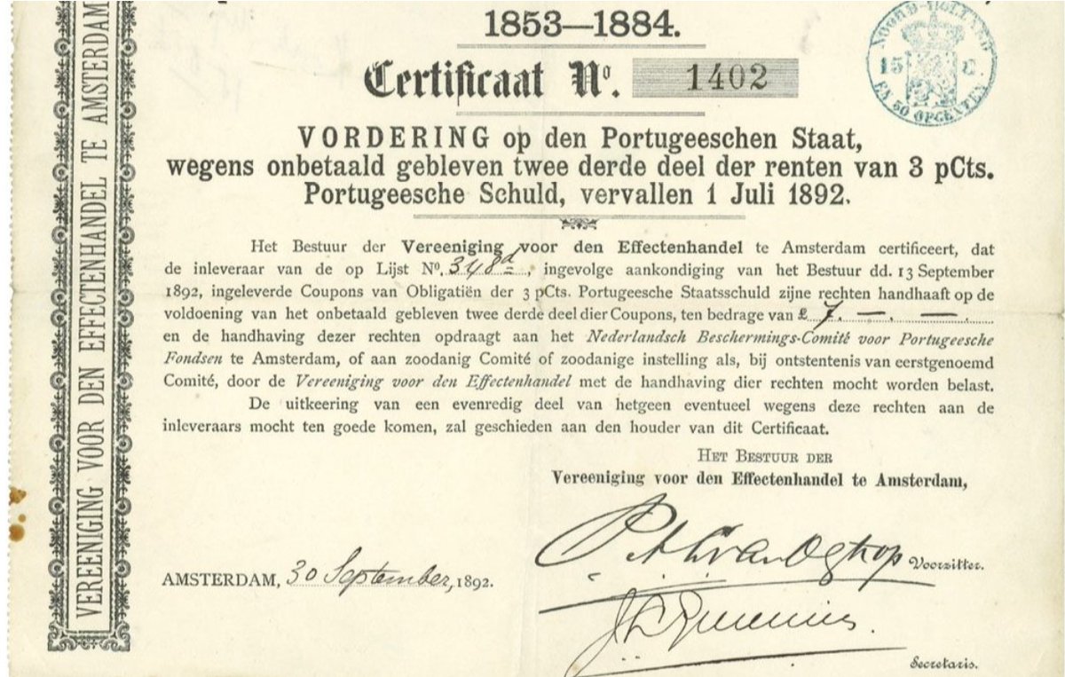 From the Origins of Value Virtual Museum: Portugal Foreign Debt Certificate #1402. Certificate of claim issued in Amsterdam in 1892 by the Association for Securities Trading. bit.ly/4o4YZ8X  #ICF_FinancialHistoryFriday