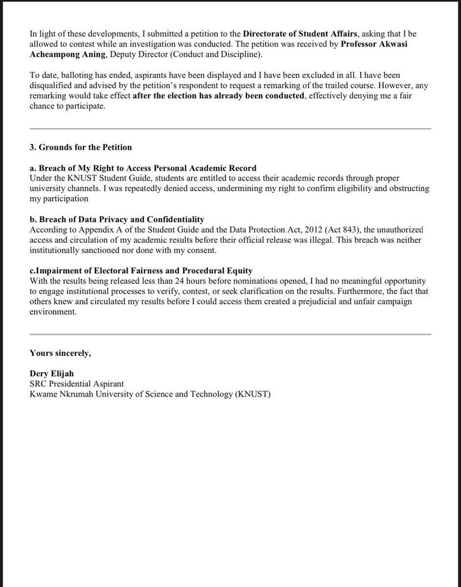 DeryElijah_'s tweet image. Dear Knust, it is with a broken spirit that I have been unfairly asked to step aside from continuing my second coming for this year SRC presidential election without any proper investigation or clarification into an issue that questions the credibility of my results. 💔