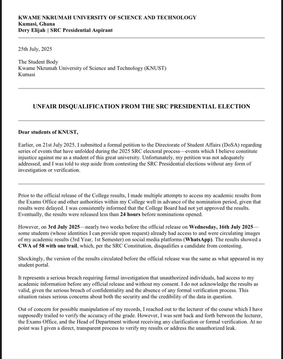 DeryElijah_'s tweet image. Dear Knust, it is with a broken spirit that I have been unfairly asked to step aside from continuing my second coming for this year SRC presidential election without any proper investigation or clarification into an issue that questions the credibility of my results. 💔