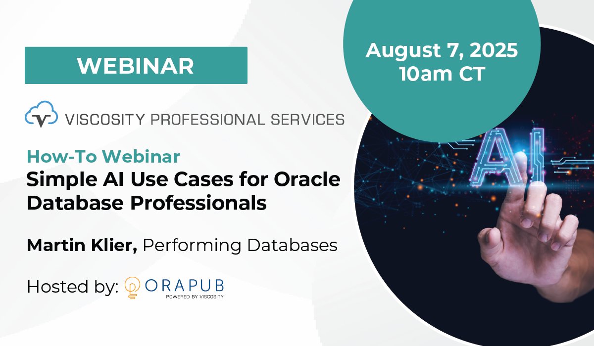 OraPub powered by Viscosity (@orapubinc) on Twitter photo Rescheduled! “Simple #AI Use Cases for #OracleDatabase Professionals” w/ #ACED <a href="/MartinDBA/">Martin Bach</a>. Forecast workload spikes, auto-generate #SQL, & clean up your #database before things spiral.
Aug 7 | 10 AM CT
Exclusively for OraPub paid members.
Membership: bit.ly/3IH1jD4 Rescheduled! “Simple #AI Use Cases for #OracleDatabase Professionals” w/ #ACED <a href="/MartinDBA/">Martin Bach</a>. Forecast workload spikes, auto-generate #SQL, & clean up your #database before things spiral.
Aug 7 | 10 AM CT
Exclusively for OraPub paid members.
Membership: bit.ly/3IH1jD4