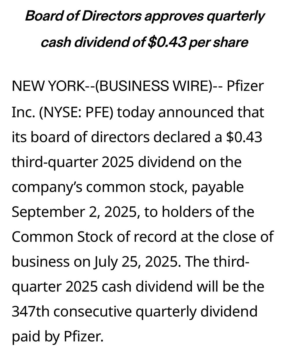 PharmDabbler's tweet image. $PFE Happy Ex Dividend Day today.
Company paying $0.43 dividend, payable on 9/2/25, to holders of record at the close of business on 7/25/25.