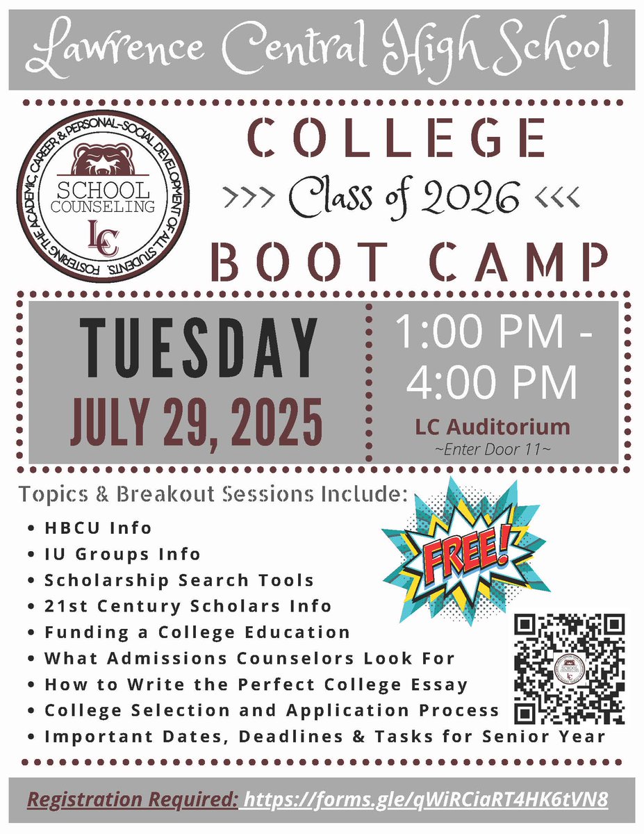 lcbearsguidance's tweet image. Attention Seniors! Register for LC's College Boot Camp NOW! Get a jumpstart before college application season begins! @LCHSBears @ltgoodnews
forms.gle/zpq6LZkyAdQeGd…