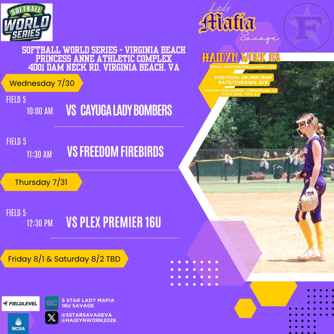 haidynwork2028's tweet image. Closing out our season in our own backyard! Come check us out next week at the Softball World Series in VB! @5starsavageva
