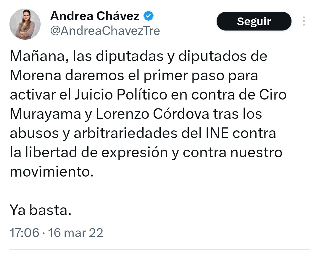 Alejandra Escobar (@aleesat) on Twitter photo Hola, Andrea.
Interrumpo un momento tu campaña anticipada e ilegal para preguntarte cuándo vas a exigir juicio político contra Adán Augusto López (<a href="/adan_augusto/">Adán Augusto López H</a>) por complicidad u omisión. Hace apenas tres años promovías uno contra <a href="/lorenzocordovav/">Lorenzo Córdova V.</a> y <a href="/CiroMurayamaMx/">Ciro Murayama</a> solo por Hola, Andrea.
Interrumpo un momento tu campaña anticipada e ilegal para preguntarte cuándo vas a exigir juicio político contra Adán Augusto López (<a href="/adan_augusto/">Adán Augusto López H</a>) por complicidad u omisión. Hace apenas tres años promovías uno contra <a href="/lorenzocordovav/">Lorenzo Córdova V.</a> y <a href="/CiroMurayamaMx/">Ciro Murayama</a> solo por