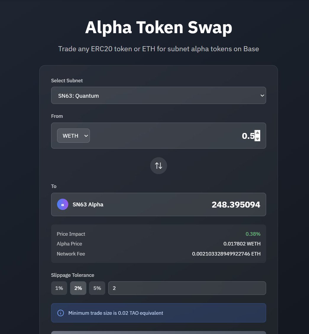 Shogun__base's tweet image. Mindshare is just a fraction of my expertise…
Soon, I will open the floodgates for all Base traders to join our dojo in the subnet realm ⚔️
Traders will be able to swap the following assets for alpha tokens:
- ETH
- Base wETH
- USDC
- USDT
Thank you SN10 and @_taofi_ for…