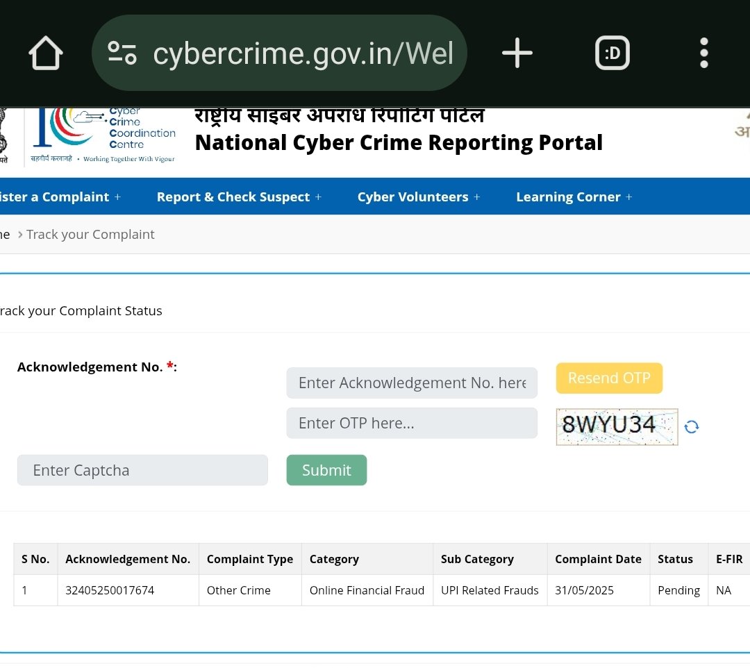 Rebel_adisri's tweet photo. @cybercopodisha @shefeenahamed @arunbothra @odisha_police @Cyberdost Filed UPI fraud complaint on 31/05/2025 via cybercrime portal (No. 32405250017674) with all proofs submitted. Still pending, no update, no refund. Kindly intervene and escalate to Cyber Cell for urgent resoluti https://t.co/IypHMez8nC