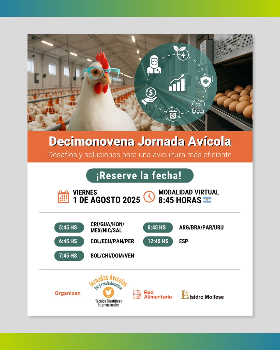 #TecnoFidtaConecta te invita a la Decimonovena Jornada Avícola
👉🏼"Desafíos y soluciones para una avicultura más eficiente"

🗓 Viernes 1 de Agosto
⏰ 8:45 hs
💻 Modalidad virtual
✅🎓Incluye certificado

Actividad NO arancelada con inscripción previa: forms.gle/KhaBhpE7MvHJjf…