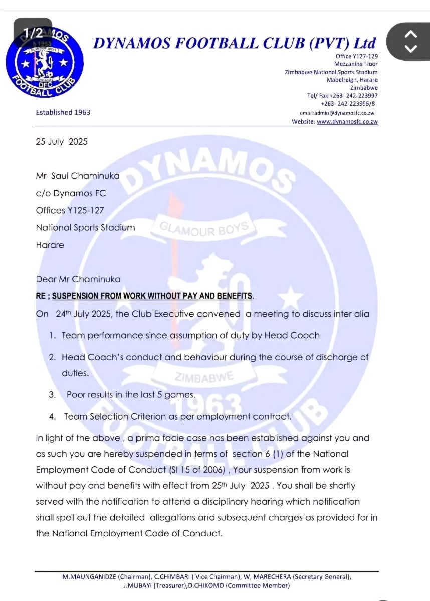 ZBCNewsonline's tweet image. Troubled Harare giants, Dynamos, have suspended coach Saul Chaminuka for allegedly breaching the employment code of conduct.
zbcnews.co.zw/chaminuka-susp…