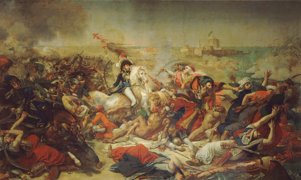Trois_Ponts's tweet image. 25 juillet 1799 : bataille (terrestre) d'Aboukir. L'armée française d'Orient écrase une armée ottomane très supérieure en nombre. La cavalerie commandée par Murat se distingue particulièrement. Peinture d'Antoine-Jean Gros, 1807.