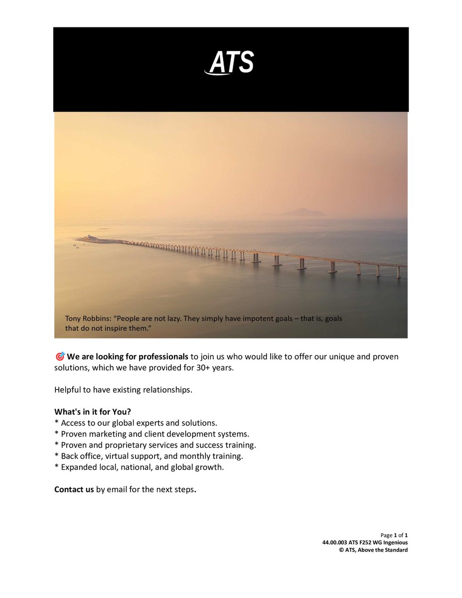 ATS_brl's tweet image. 🎯People are the most important part of life to us!
What’s Next?
Contact us by email for the next steps.
ATS has served many people in small to large organizations worldwide in many industries, in capital, consultancy, and cost, including clients like Sprint, the U.S.…
