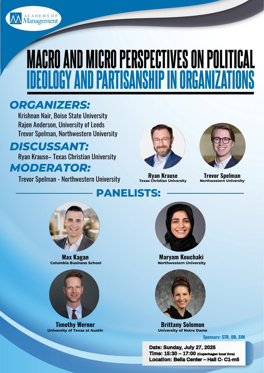 Trevor Spelman (@trevorspelman) on Twitter photo Interested in research at the intersection of politics and organizational behavior? Check out our session at AOM!
We're bringing together micro + macro experts to share the latest insights from research in this area. Open discussion to follow. 
Details in the flyer below 👇 Interested in research at the intersection of politics and organizational behavior? Check out our session at AOM!
We're bringing together micro + macro experts to share the latest insights from research in this area. Open discussion to follow. 
Details in the flyer below 👇