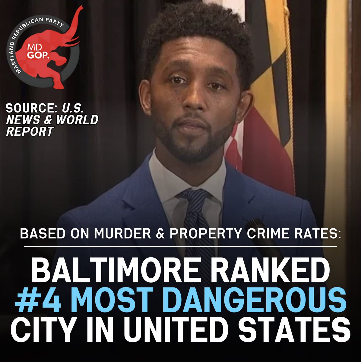 Baltimore has been ranked by U.S. News &amp; World Report as the 4th Most Dangerous City in America. 
 
The weak-on-crime policies of Mayor Brandon Scott, Governor Wes Moore, and other Maryland Democrats are making our state less safe.  We need change- Vote Republican in 2026!