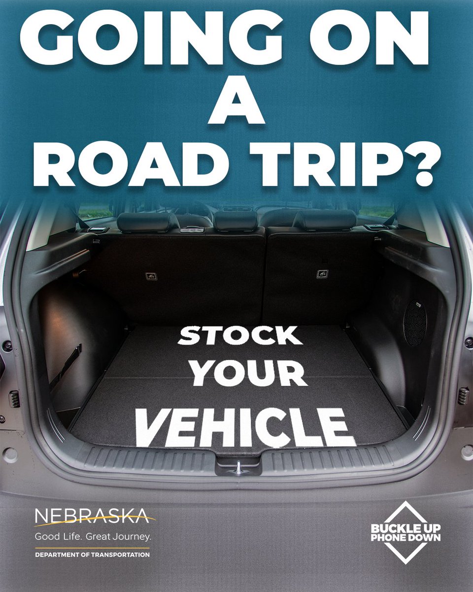 NebraskaDOT's tweet image. Going on an end of summer road trip? Make sure you're prepared!
Remember to pack:
-Nonperishable food, drinking water and medications
-First aid kit
-Jumper cables
-Flashlight