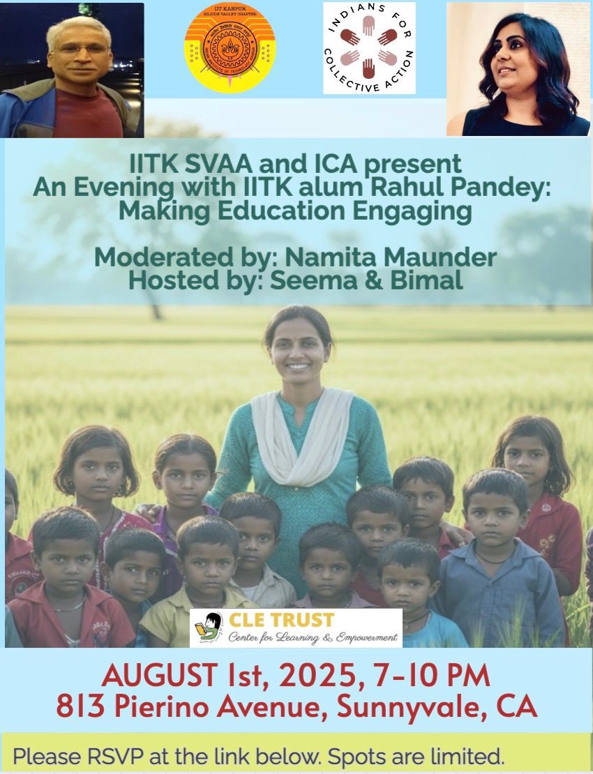 🎉 Meet &amp; Greet with IITK alum Rahul Pandey

📅 Friday, August 1st  | 🕖 7–10 PM
📌 813 Pierino Ave, Sunnyvale, CA

Join us for a backyard fireside chat on reimagining education with Rahul (CLE TRUST) &amp; moderator Namita Maunder.

🍕 Pizza &amp; drinks
🔗 RSVP: forms.gle/uEVt93uM58Mouz…