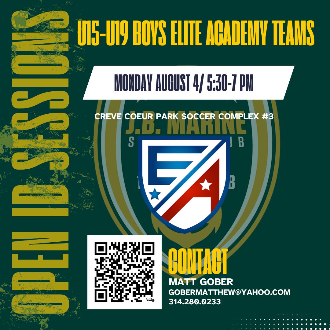J.B. Marine SC (@jbmarinesc) on Twitter photo 🔥NEW ID SESSION: U15-U19 HIGH SCHOOL BOYS ELITE ACADEMY TEAMS⚽
Monday, August 4, from 5:30-7PM at Creve Coeur Soccer Park #3 for U15-U19 HS boys teams competing in the Elite Academy League. Contact Matt Gober at gobermatthew@yahoo.com or 314.280.0233 for more info. 🔥NEW ID SESSION: U15-U19 HIGH SCHOOL BOYS ELITE ACADEMY TEAMS⚽
Monday, August 4, from 5:30-7PM at Creve Coeur Soccer Park #3 for U15-U19 HS boys teams competing in the Elite Academy League. Contact Matt Gober at gobermatthew@yahoo.com or 314.280.0233 for more info.