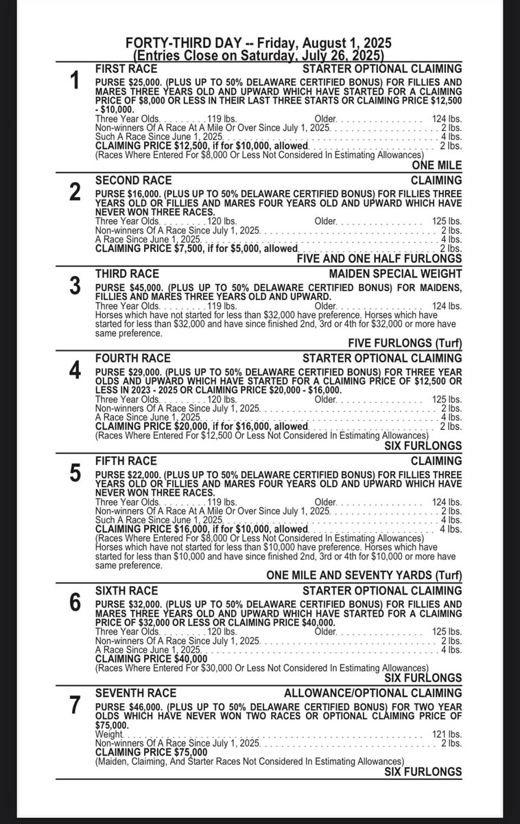 DelParkRacing's tweet image. Taking entries today for day 43 of the 2025 live racing season - Friday Aug 1