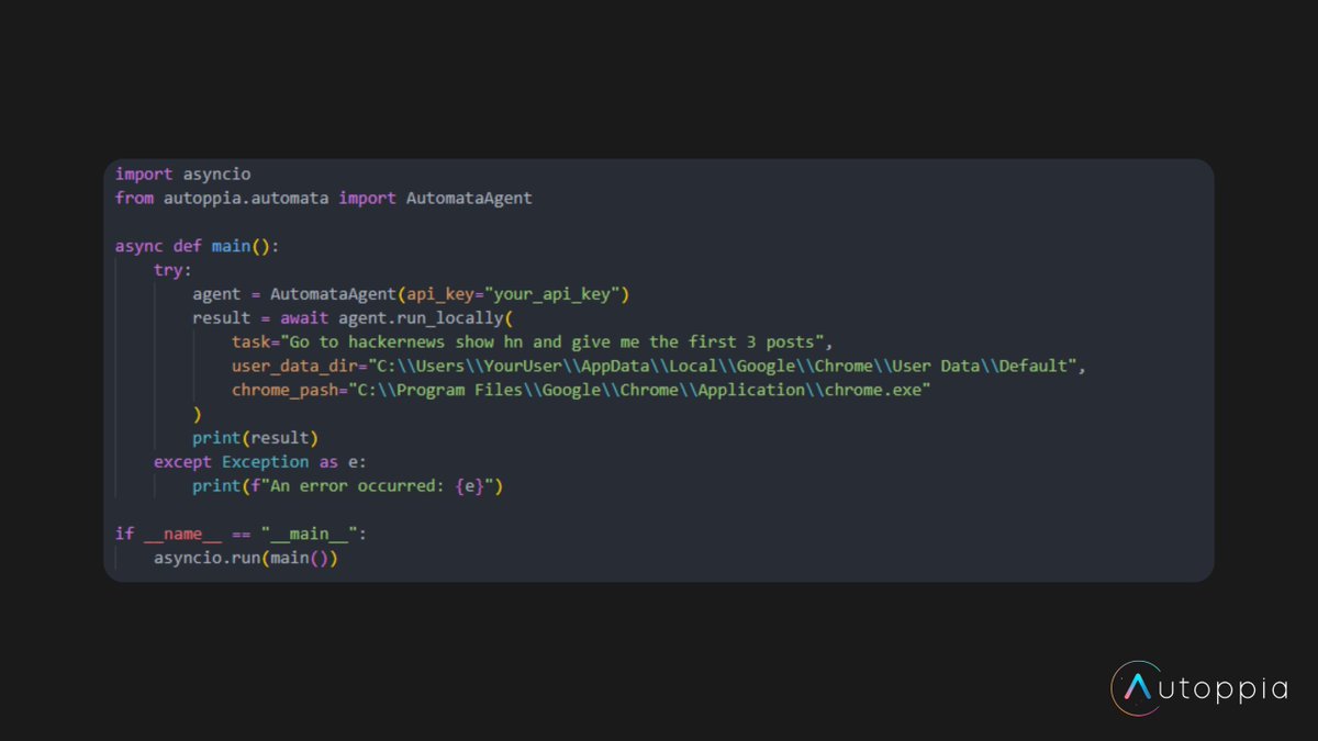 AutoppiaAI's tweet image. The kids have been quietly devving… and for some reason, they’ve been weirdly obsessed with pushing the limits of the Automata SDK. After a few late nights and too much Python, they’ve done it.

🚨 Local Tasks are here!

You can now automate web tasks on your local machine by…