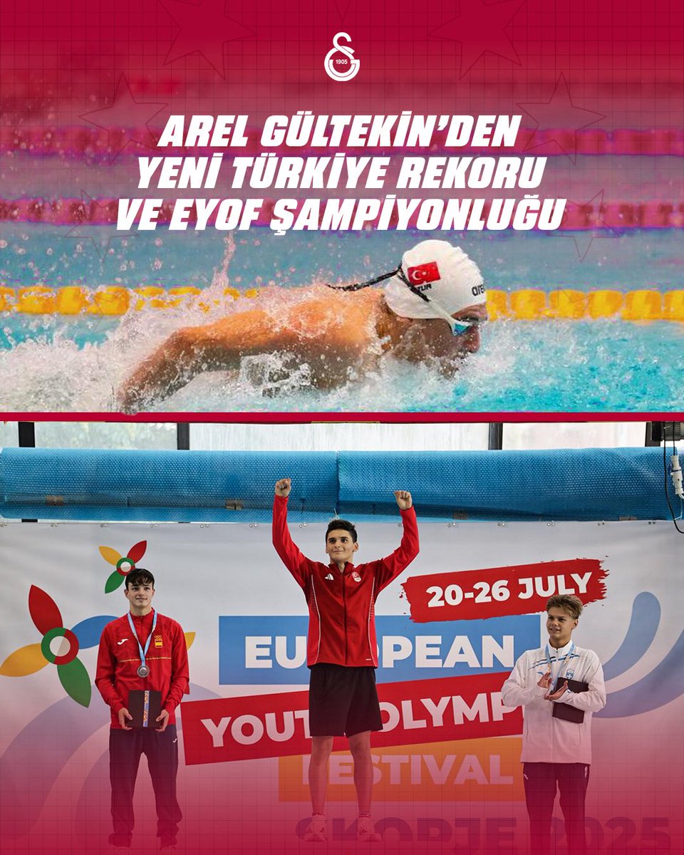 GalatasaraySK's tweet photo. 20-26 Temmuz tarihlerinde Kuzey Makedonya'nın Skopje kentinde düzenlenen EYOF müsabakasında (Avrupa Gençlik Olimpiyat Festivali) ülkemizi temsil eden yüzme şubemizin milli yüzücüsü Arel Gültekin, 100 metre kelebek yarışının finalinde elde ettiği 0:53,61'lik derecesi ile 15 ve 16 yaş Türkiye rekorunu kırarak EYOF şampiyonu oldu. 

İkinci altın madalyasını kazanan sporcumuz, 200 metre kelebek kategorisinde elde ettiği 2:00.33’lük derecesi ile EYOF’ta ilk altın madalyasını kazanmıştı. 

Sporcumuzu ve antrenörü Umut Özbek'i tebrik ediyor, başarılarının devamını diliyoruz.