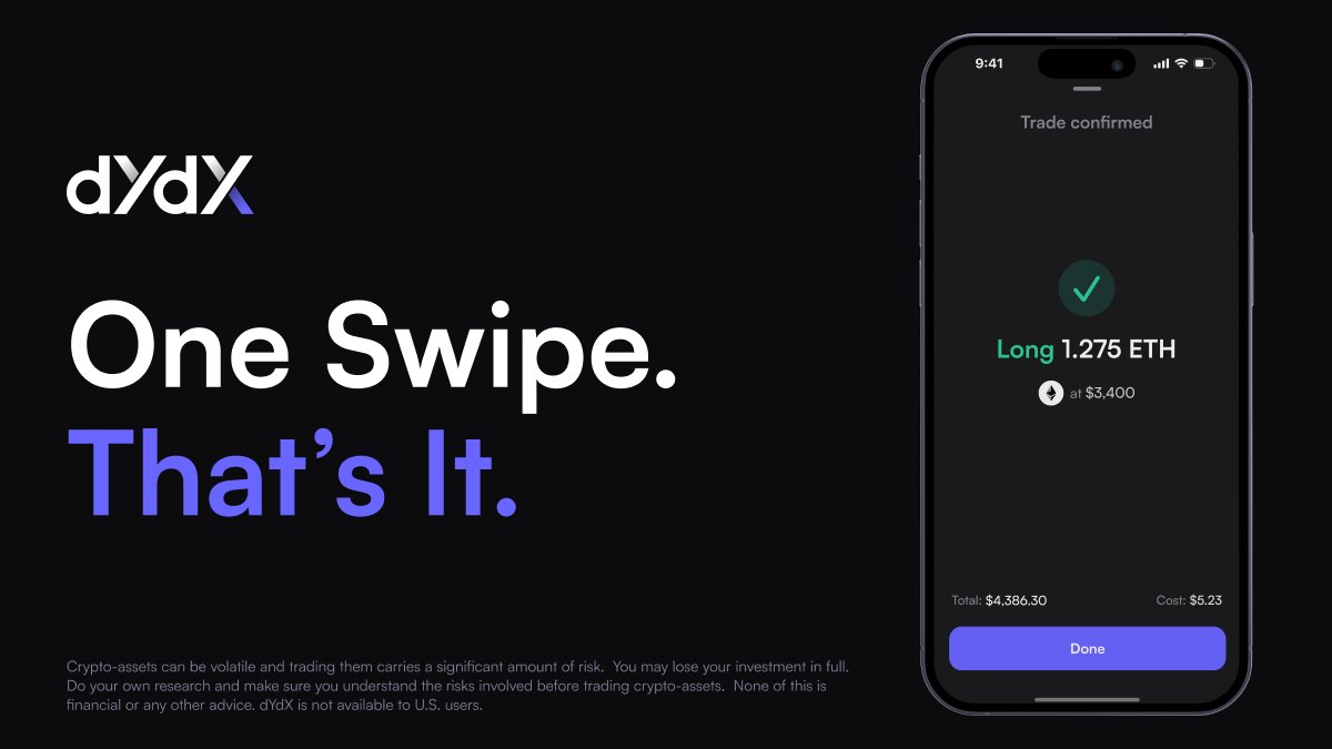 DEX_ion10's tweet image. Trading perp shouldn't be difficult.
That's what @dYdX is trying to offer to Users.
One Wallet. One Swipe. Instant Trades.
This is what it should be.
No lag. No clutter. No confusion.
Just pure, seamless tech.
With @dYdX, perpetual trading feels more like magic. Where…