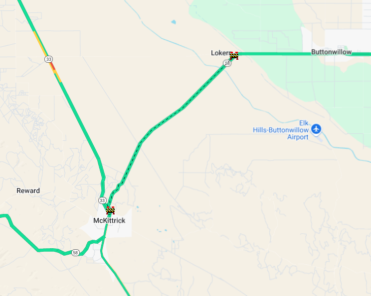 CaltransDist6's tweet image. KERN COUNTY: State Route 58 is currently fully closed between Lokern and McKittrick due to downed power lines resulting from a single-vehicle collision with a PG&E pole. No ETO at this time.