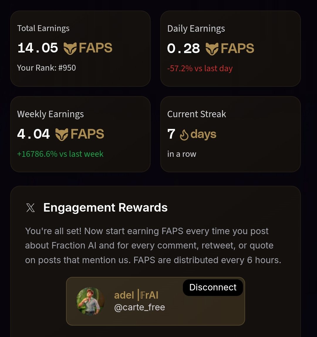 adel kf (Ø,G) (@carte_free) on Twitter photo 7 Days out of 14 🤝
I will not stop after i collect this streak , maybe they will add another one in the future 🧐
What is your streak at <a href="/FractionAI_xyz/">Fraction AI</a> 7 Days out of 14 🤝
I will not stop after i collect this streak , maybe they will add another one in the future 🧐
What is your streak at <a href="/FractionAI_xyz/">Fraction AI</a>