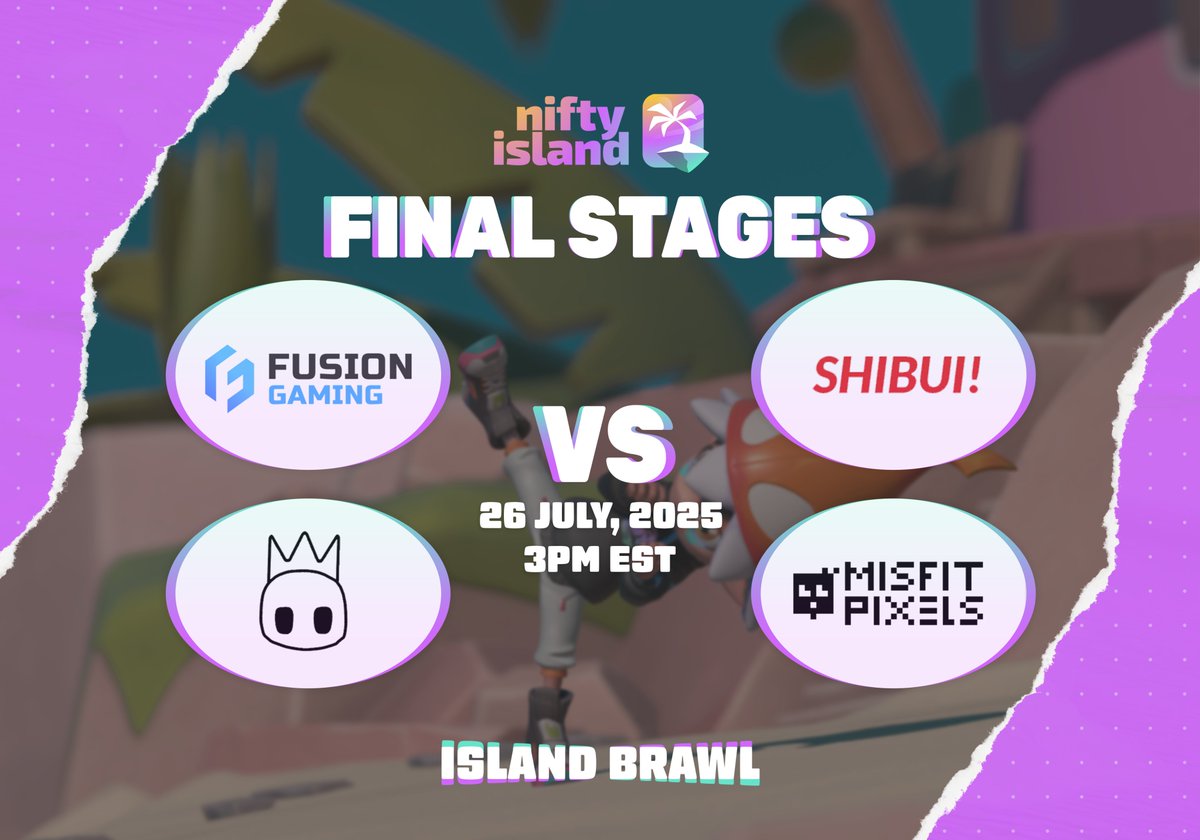 The final stages of Island Brawl Season 1 are here!

Battle in 4v4 matches between Nifty Island’s top communities.

- 50,000 Blooms go to the winning community
- Winning team advances to the Island Brawl finals
- Matches live-streamed this Saturday at 3PM ET