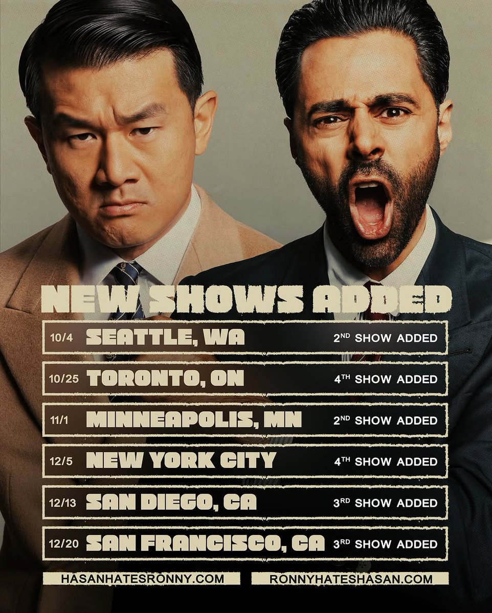 ronnychieng's tweet image. You wanted more, here’s more. NEW SHOWS ADDED. Tickets at RonnyHatesHasan.com
SEATTLE - 2nd Show Added
TORONTO - 4th Show Added
MINNEAPOLIS - 2nd Show Added
NYC - 4th Show Added
SAN DIEGO - 3rd Show Added
SAN FRANCISCO - 3rd Show Added