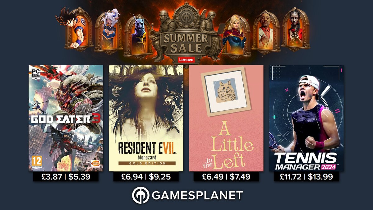 GamesplanetUK's tweet image. Escape deadly horrors and serve up balls with more Day 1 Highlights in our Summer Sale:
God Eater 3 (-91%)
RESIDENT EVIL 7 Gold Edition (-77%)
A Little to the Left (-50%)
Tennis Manager 2024 (-30%)
👉 gamesplanet.com/summersale
All Deals end August 4th at 1am PT / 9am BST
