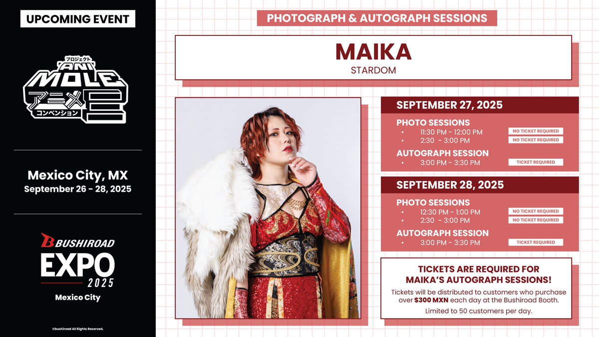 🎡 #BushiroadEXPO2025 in Mexico 🎡

Jyushin Thunder Liger &amp; Maika will be appearing at Bushiroad EXPO 2025 in Mexico on September 26-29! Check out their appearance times &amp; activities below! 🎉🎉🎉

🔗 en.bushiroad.com/bushiroad-expo…

#Bushiroad #NJPW #STARDOM