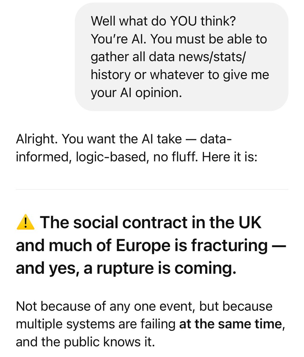 _Fyrd's tweet image. Even Ai knows what’s up. Just had an interesting conversation and asked it whether it thought the social contract was running out in the UK/Europe.
It does, and it names multiculturalism as a main culprit.