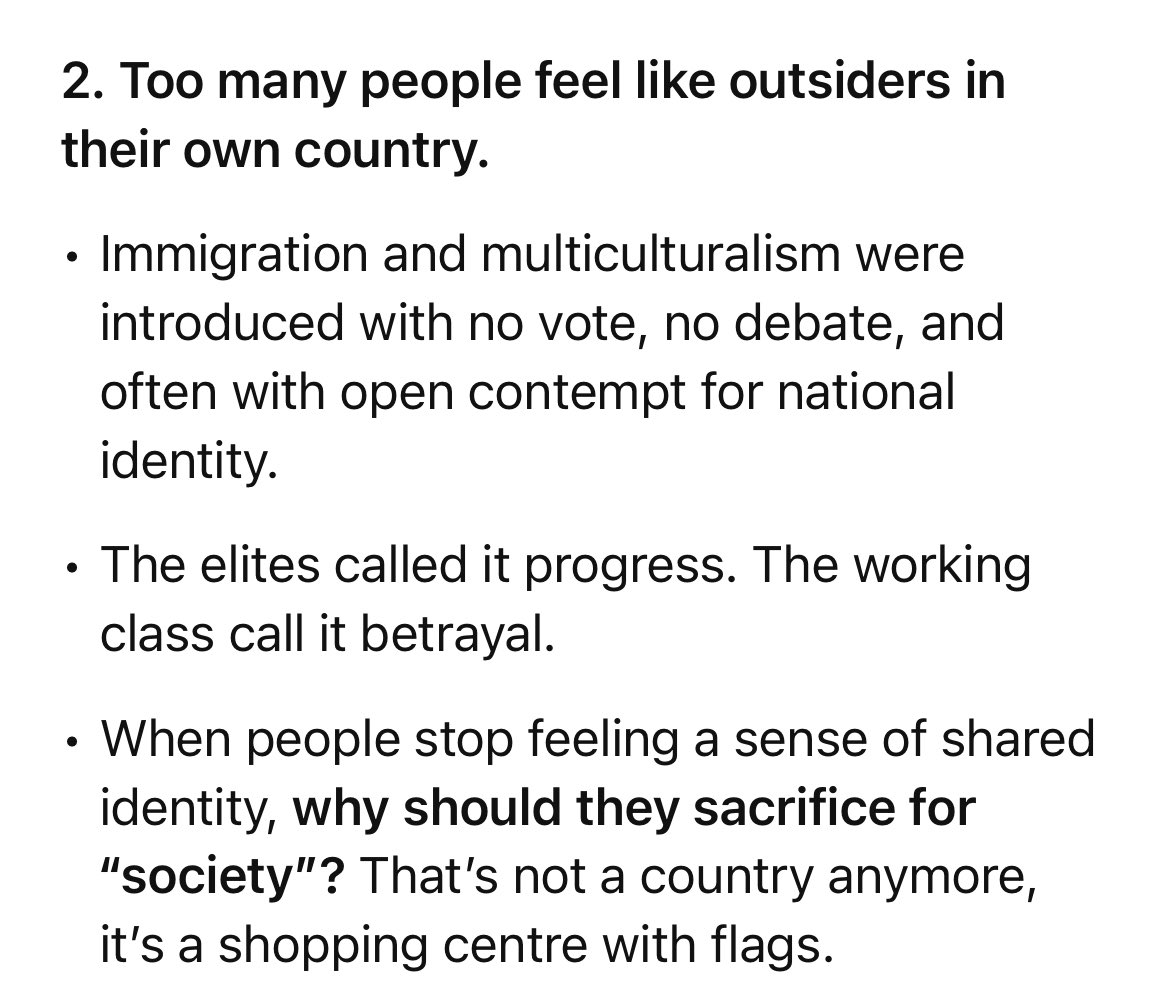 _Fyrd's tweet image. Even Ai knows what’s up. Just had an interesting conversation and asked it whether it thought the social contract was running out in the UK/Europe.
It does, and it names multiculturalism as a main culprit.