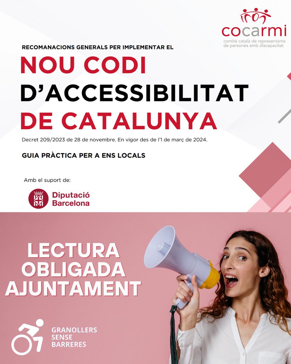 <a href="/granollers/">Granollers</a> lectura recomanable x compliment #CodiAccessibilitat #accessibilitatuniversal. <a href="/cocarmi/">Cocarmi</a>  publica una guia per facilitar l'aplicació del nou Codi d'Accessibilitat als municipis catalans 
cocarmi.cat/wp-content/upl…
#Granollers 
<a href="/diba/">Diputació de Barcelona</a> <a href="/ACMunicipis/">Associació Catalana de Municipis</a> <a href="/FMCmunicipis/">Federació Municipis</a>
<a href="/dsocialscat/">Drets Socials i Inclusió</a>