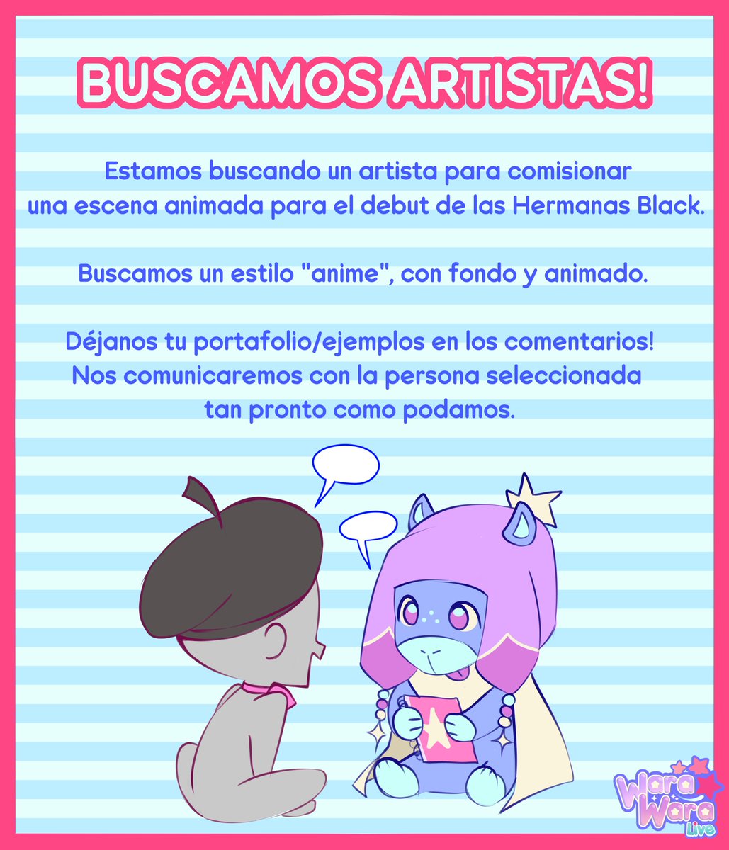 ¡BUSCAMOS ARTISTAS!

Estamos buscando un artista para comisionarle una escena animada 💙✨

¡Déjanos ejemplos de tu trabajo en los comentarios! ☀️🌙⭐️