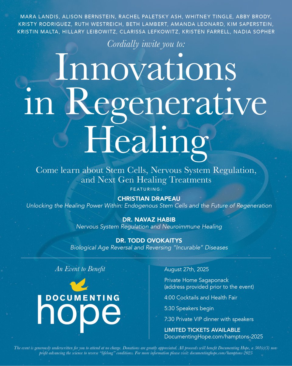 DocumentingHope's tweet image. 💛 Innovations in Regenerative Healing: A benefit event for Documenting Hope
Join us in Sagaponack, NY for an exclusive evening of TEDx-style talks from pioneers in health and wellness. This event will explore breakthroughs in:
– Stem cell therapy
– Vagus nerve and nervous…