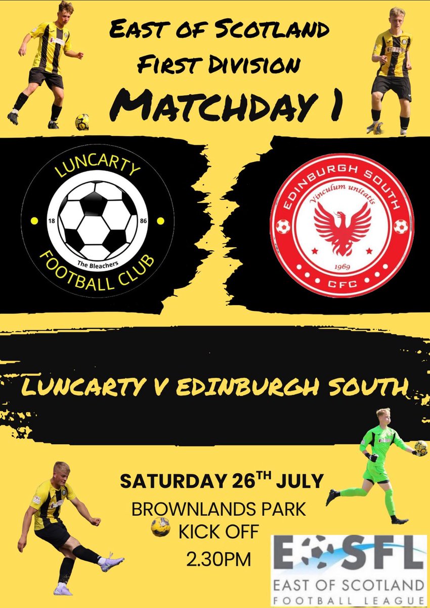 League football is back tomorrow as welcome <a href="/EdinburghSouth/">Edinburgh South CFC</a> to Brownlands Park in <a href="/EastScotlandFA/">East of Scotland Football League</a> First Division. Kick off 2:30pm. Admission £7 Adults/£4 Concession, U12’s free. Social club open from 12pm and match ball once again has been sponsored by The Mentiply family 👏🏻👏🏻⚽️