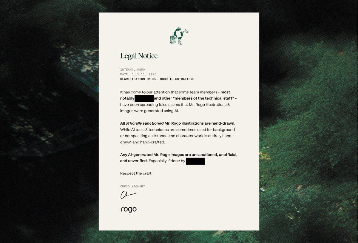 Recently, I had to send an important legal notice to the whole team due to some outrageous claims coming from the "technical staff" at <a href="/RogoAI/">Rogo</a> 

Such slander against Mr. Rogo will not be tolerated. (Redacted for the privacy of the primary offender)