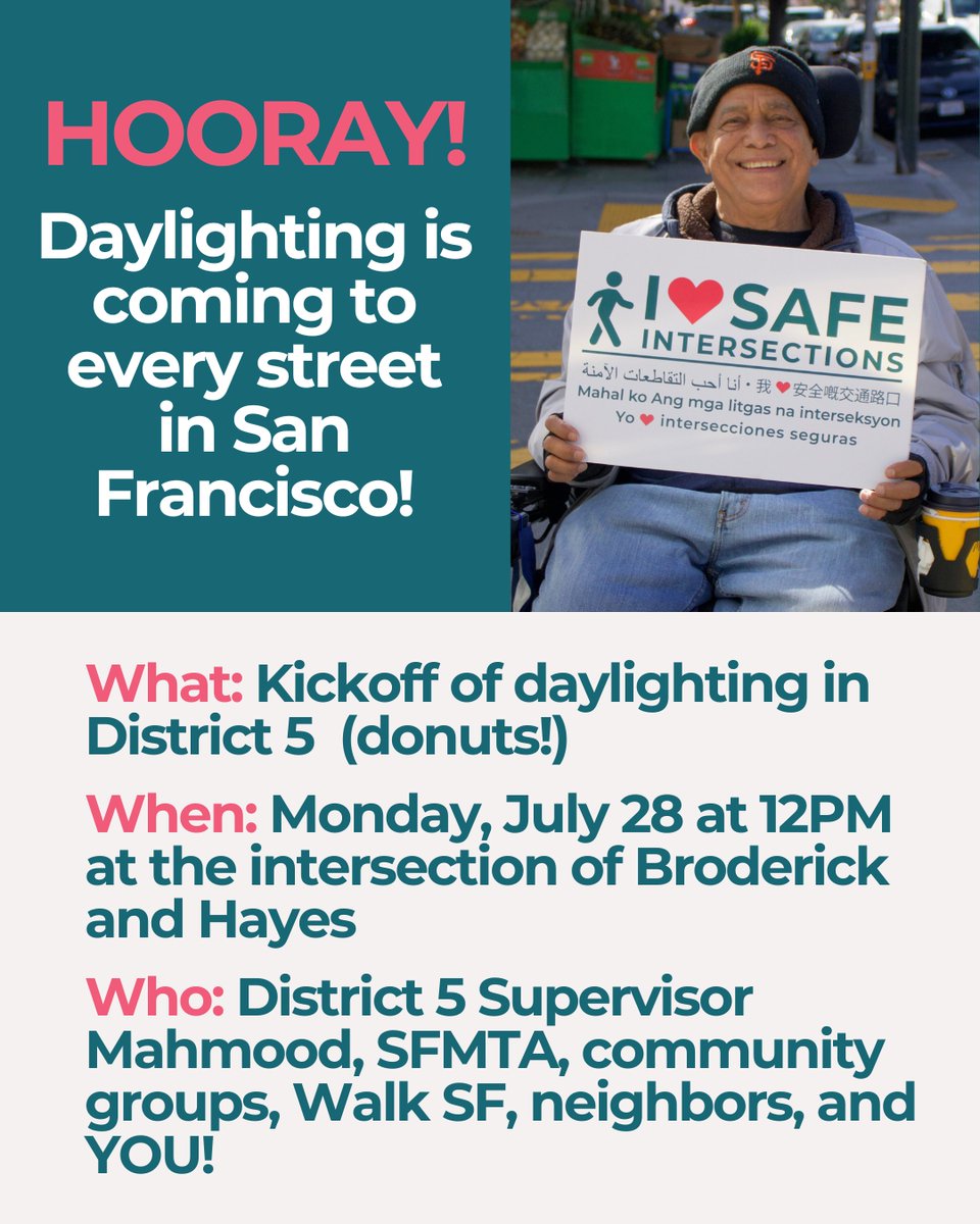 walksf's tweet image. We 💗 daylighting because it prevents 1 in 3 crashes at intersections by creating clear sightlines.
Thanks to a new state law & the @SFMTA_Muni, painted daylighting is coming to every intersection in SF by the end of 2026!
Come kickoff daylighting in District 5 with Supervisor…