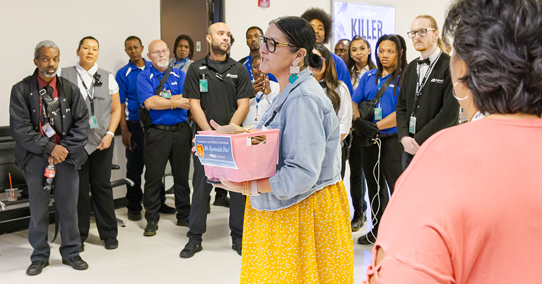 This week, ahead of Disability Independence Day, PHX showed some love for passenger assistance providers ABM and Prospect, by hanging banners and distributing pins for their employees. If you’re interested in this service, request passenger assistance when you book your flight.