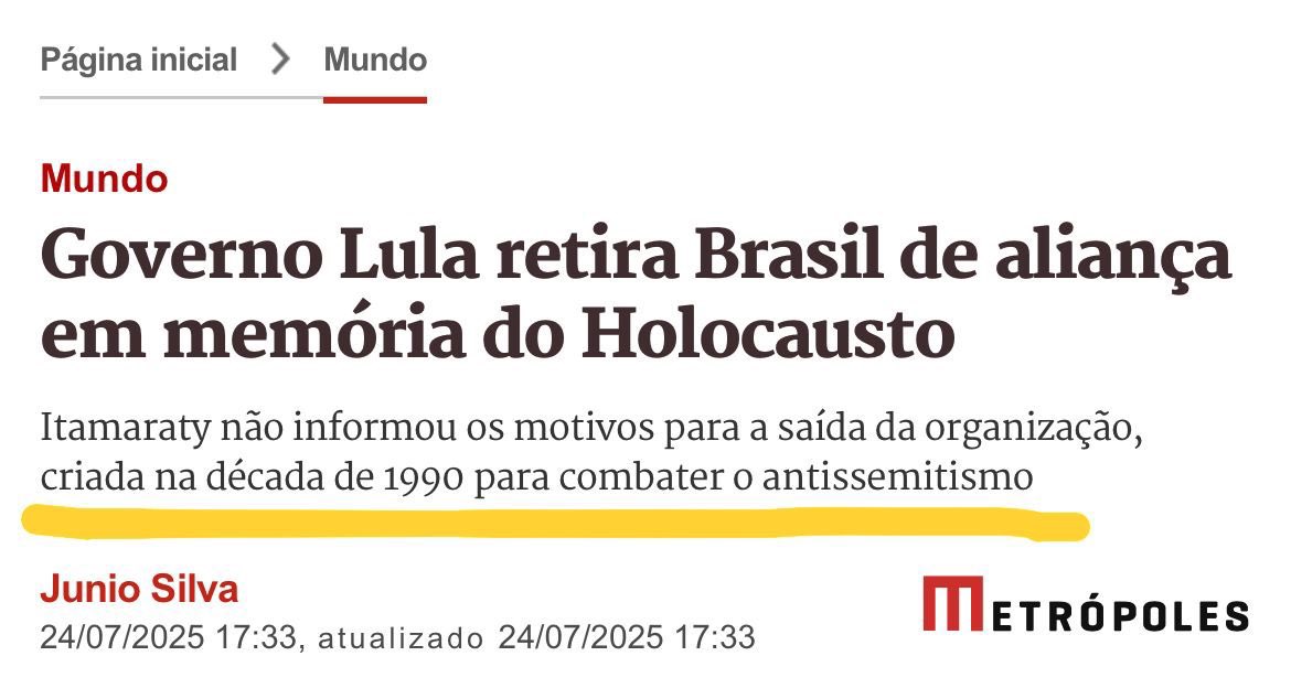 rdlorenzoni's tweet image. É revoltante.
Lula retirou o Brasil de aliança em memória do Holocausto.
Sim, o mesmo Lula que flerta com o Hamas, elogia o Irã e ataca Israel.
Agora desonra a história, insulta as vítimas e envergonha o Brasil no cenário internacional.
Não é diplomacia. É barbárie.