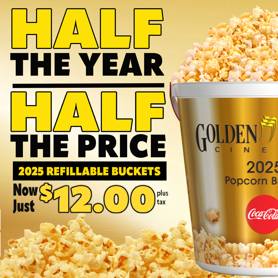 GTCinemas's tweet photo. Half Off Alert! 

Golden Ticket Cinemas 2025 Annual Buckets are HALF OFF! Snag yours now and enjoy $5.75 refills through the rest of 2025! 

#GoldenTicketCinemas #AnnualBucketDeal #PopcornPerks https://t.co/f2LJX7EBRN