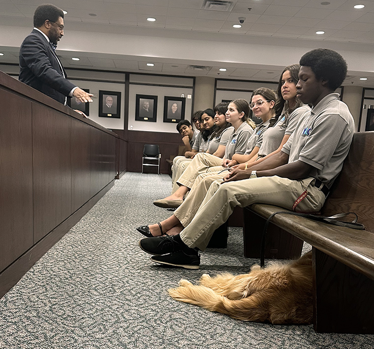 Lorne was paws-on-deck to help the Judges of the Hillsborough County 13th Judicial Circuit Court  educate teens from the Mayor's Youth Leadership Council about the different courts &amp; how they work.  💙🐾 Support Lorne: vfctampabay.org #fosterkidssupport #fosterkidsmatter
