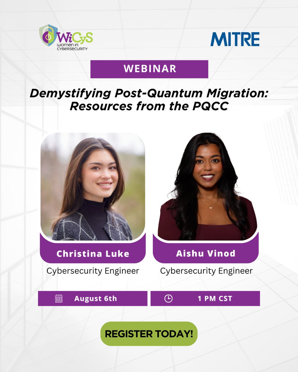 WiCySorg's tweet image. Join The MITRE Corporation + WiCyS to explore tools from the PQCC that will help guide your shift to post-quantum cryptography.
Future-proof your security today.
🔗 ow.ly/aPvZ50Wvvhu