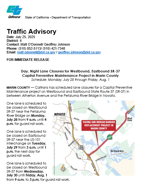CaltransD4's tweet image. #TRAFFICALERT: Caltrans has scheduled lane closures for its Capital Preventive Maintenance project on Westbound and Eastbound SR-37 in between Atherton Avenue and the Petaluma River Bridge in Novato. Guard rail work is from Monday, July 28 to Friday, Aug. 1. @maringov @CaltransHQ