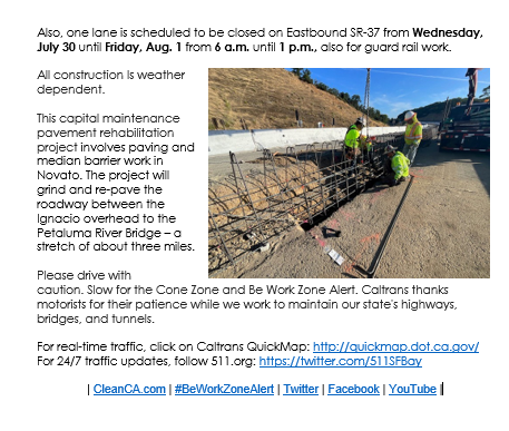 CaltransD4's tweet image. #TRAFFICALERT: Caltrans has scheduled lane closures for its Capital Preventive Maintenance project on Westbound and Eastbound SR-37 in between Atherton Avenue and the Petaluma River Bridge in Novato. Guard rail work is from Monday, July 28 to Friday, Aug. 1. @maringov @CaltransHQ