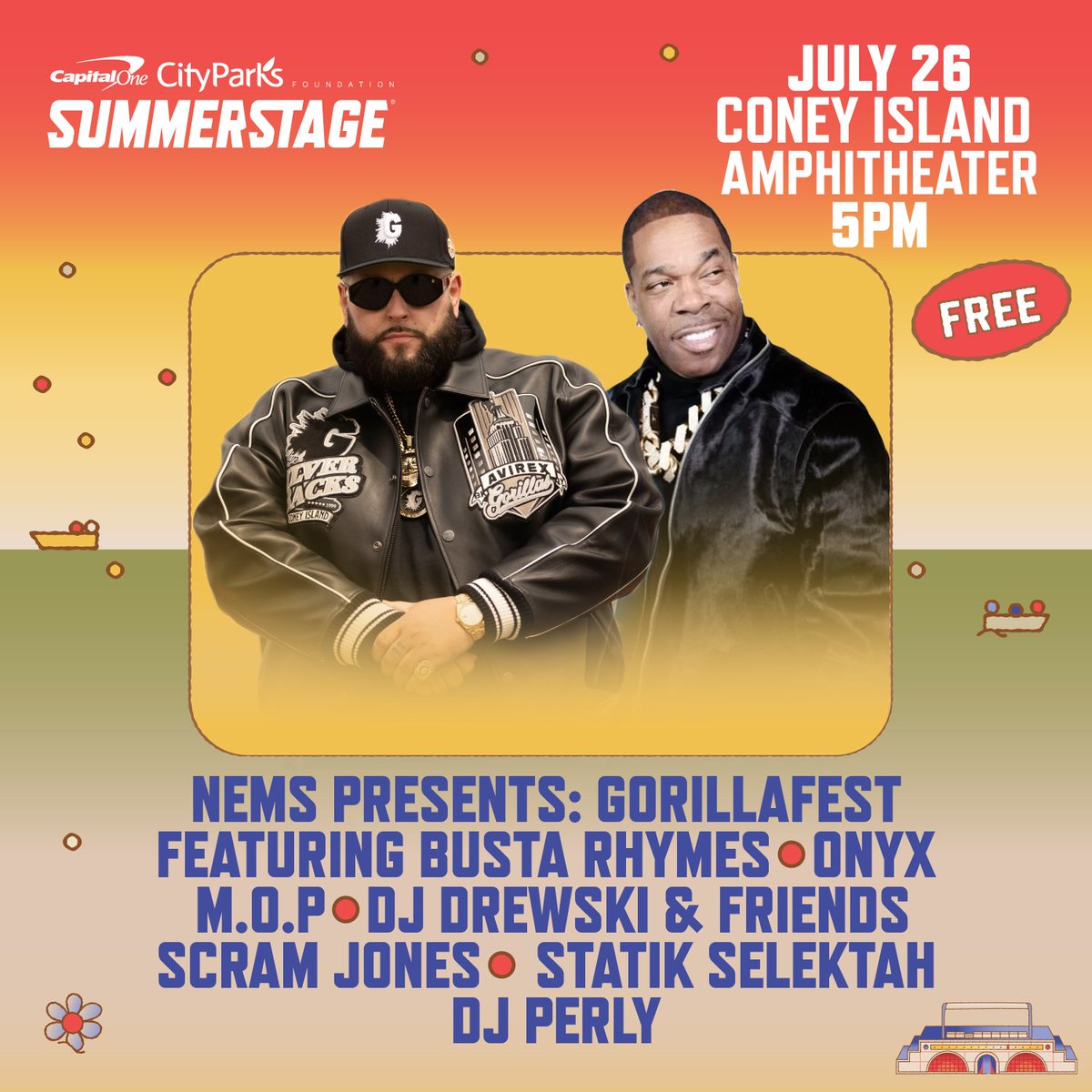 SummerStage's tweet image. TOMORROW - doors will now open at 5PM! Come find us at @coneyamp on the boardwalk for @nems_fyl’s GORILLAFEST featuring @bustarhymes, @onyx_hq, M.O.P, and MORE! This is one FREE show you don’t want to miss cityparksfoundation.org/events/nems-pr…