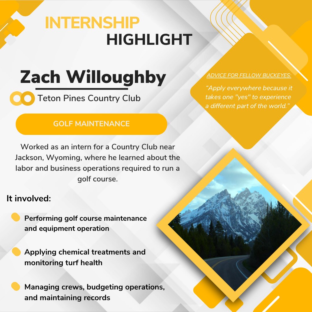 Today we are highlighting Zach Willoughby. Zach interned at Teton Pines Country Club near Jackson, WY, where he gained hands-on experience in golf course maintenance, turf management, budgeting, and equipment operations while learning the business side of running a course.