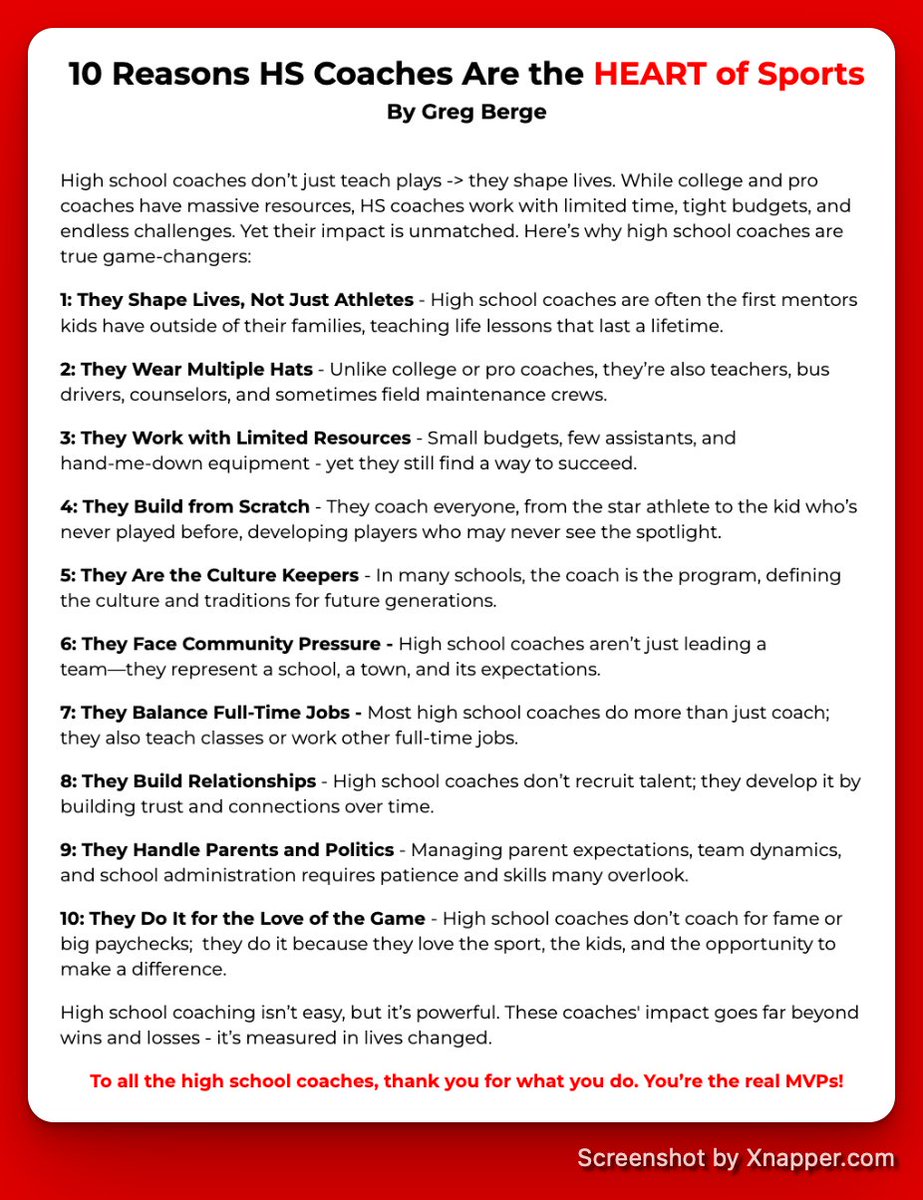 High school coaches are the HEART of sports.

They coach with limited time, tight budgets, and tons of pressure, but their impact lasts a lifetime.

They don’t just teach plays.
They teach life.

To every high school coach out there, thank you 👏.