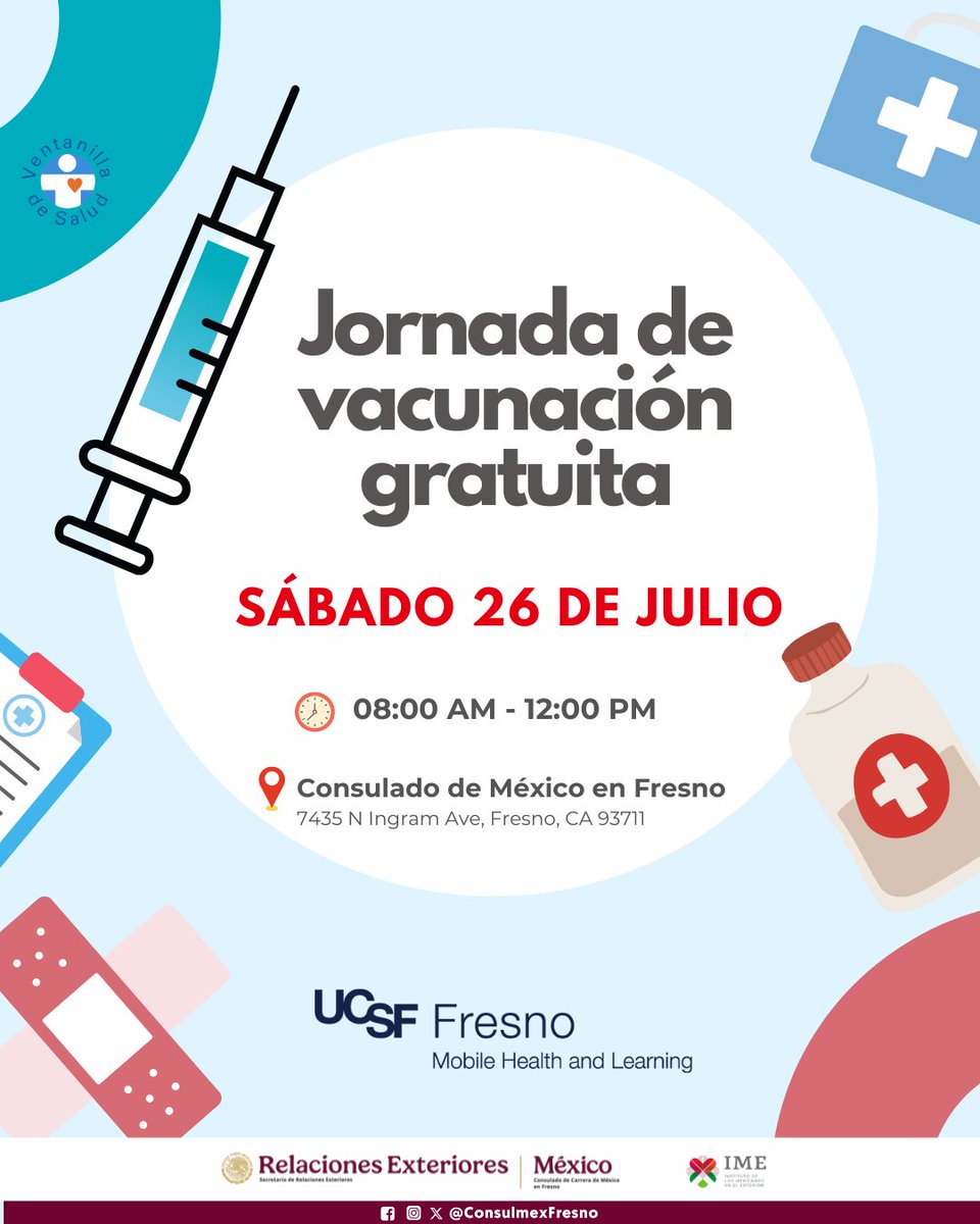 ConsulMexFresno's tweet image. ¡#AcércateATuConsulado para vacunar a tus hijos e hijas! 💉Nuestros aliados de @UCSFFresno aplicarán dosis gratuitas a los y las menores que aún no cuentan con sus vacunas escolares. 🩺Además podrás hacerte revisiones básicas de salud.
¡Te esperamos!✅
@IME_SRE @SRE_mx
