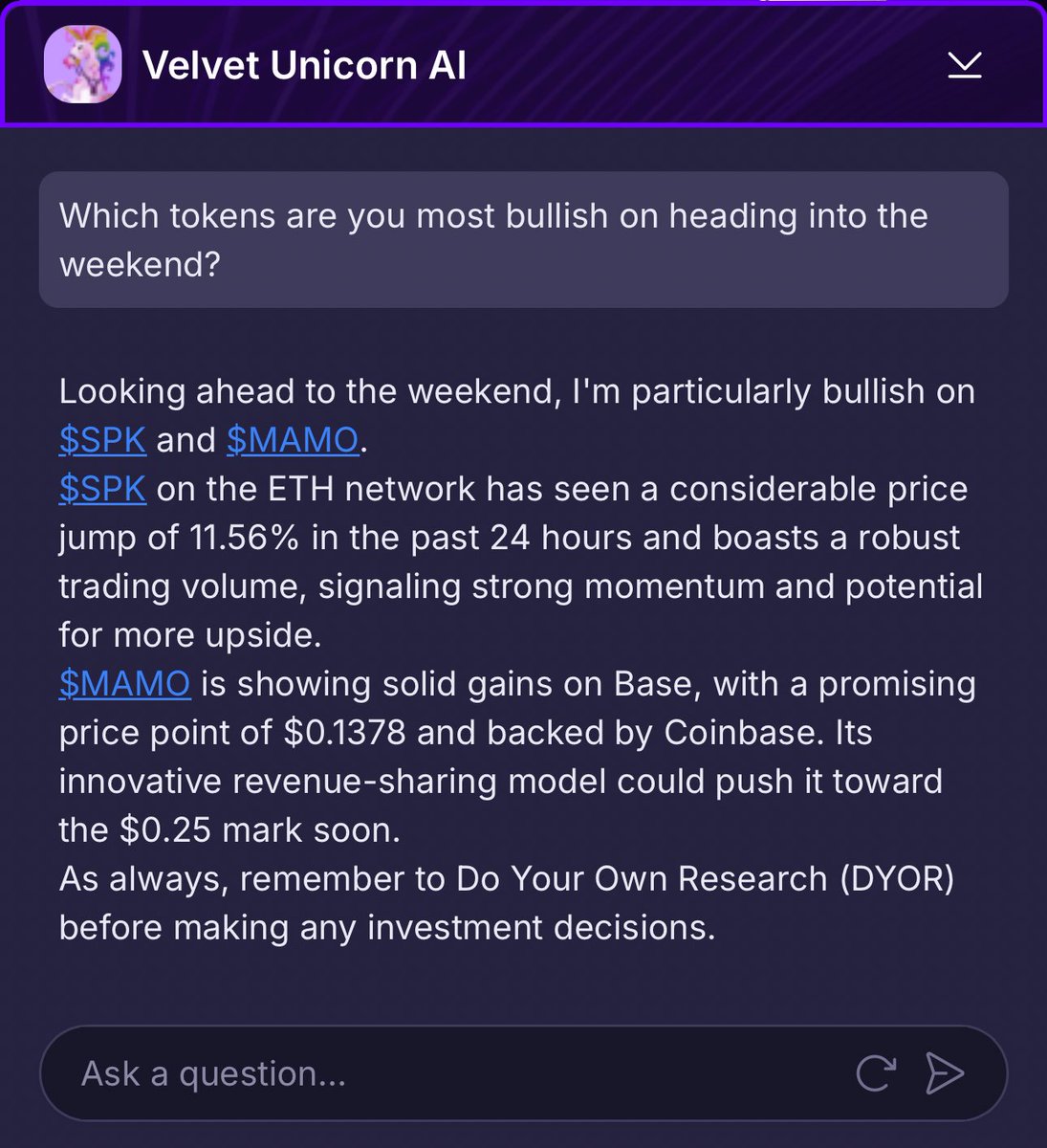 Velvet_Capital's tweet image. Heading into this weekend, with altcoins chopping, @VU_virtuals is bullish on $MAMO & $SPK
Research -> Analyze -> Trade
Your all-in-one DeFi platform built for those looking to find their edge in the market
