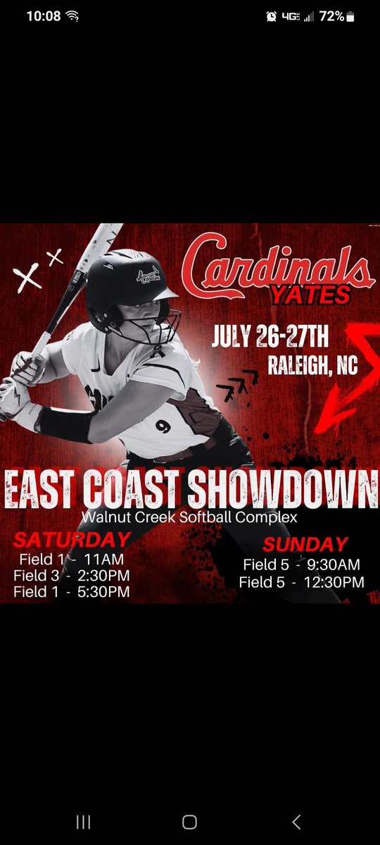 Zaley05 (@zpackett71) on Twitter photo We are playing at Walnut Creek Sports complex in Raleigh this weekend! <a href="/CardinalsYates/">Carolina Cardinals Yates</a> <a href="/GWUSoftball/">Gardner-Webb Softball</a> <a href="/baileywigness/">Bailey Wigness</a> <a href="/mackzuppas/">Mackenzi Steele Zuppas</a> <a href="/TopRecruits_FB/">Top Recruits</a> <a href="/RivalsPortal/">NCAA Transfer Portal</a> <a href="/ValkyriesSB/">Converse University Softball</a> <a href="/NCAASoftball/">NCAA Softball</a> We are playing at Walnut Creek Sports complex in Raleigh this weekend! <a href="/CardinalsYates/">Carolina Cardinals Yates</a> <a href="/GWUSoftball/">Gardner-Webb Softball</a> <a href="/baileywigness/">Bailey Wigness</a> <a href="/mackzuppas/">Mackenzi Steele Zuppas</a> <a href="/TopRecruits_FB/">Top Recruits</a> <a href="/RivalsPortal/">NCAA Transfer Portal</a> <a href="/ValkyriesSB/">Converse University Softball</a> <a href="/NCAASoftball/">NCAA Softball</a>